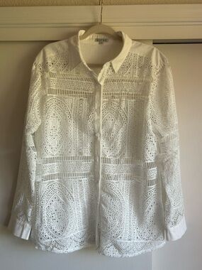 Oversized Boho White Lace Eyelet Button-Front Blouse Top